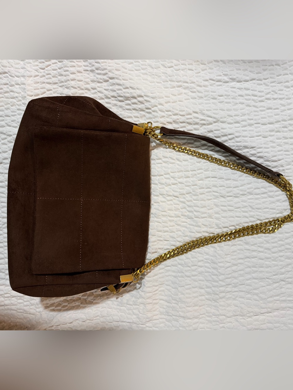 Brown Suede Chain-Handle Shoulder Bag - Gold Hardware